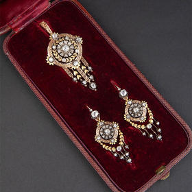 独角鹿西洋古董1870年代法国出品月桂花环主题金银双色镶嵌钻石吊坠及耳环套件 带原盒