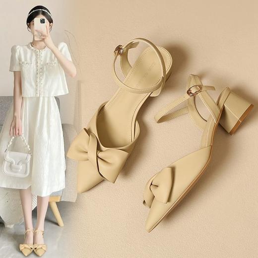 ZHR则则尖头粗跟凉鞋女2024新款时尚百搭蝴蝶结包头凉鞋气质女鞋 商品图1