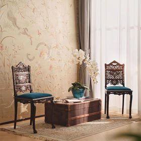 【已售】独角鹿西洋古董19世纪法国出品VIARDOT东方风格瑞兽花鸟主题母贝镶嵌单人椅一对