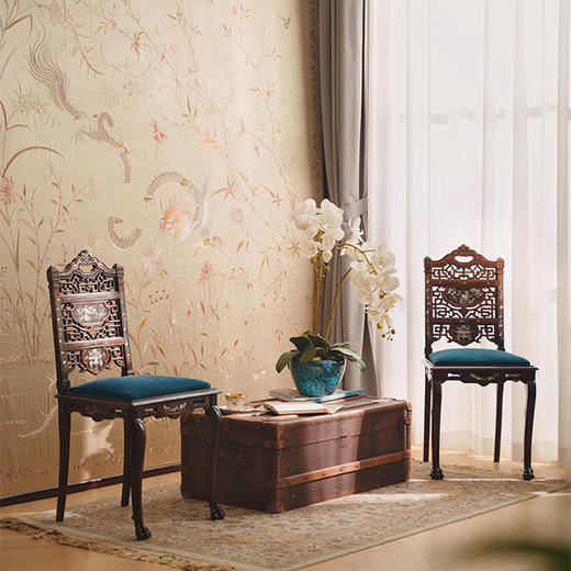 【已售】独角鹿西洋古董19世纪法国出品VIARDOT东方风格瑞兽花鸟主题母贝镶嵌单人椅一对 商品图0