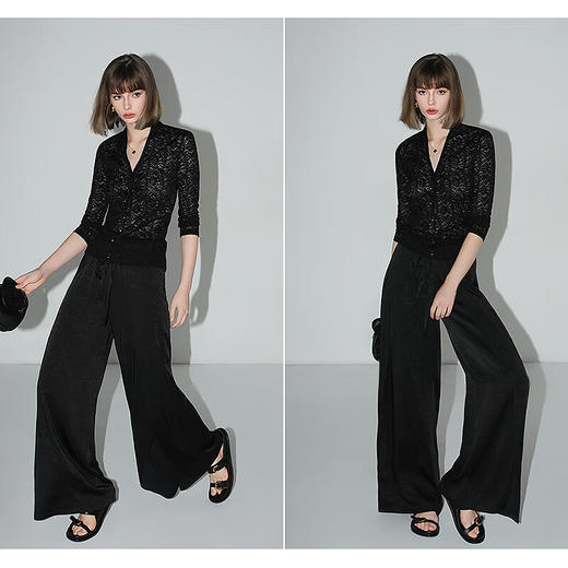 COCOBELLA静奢风肌理缎面飞片开叉阔腿裤垂坠直筒裤PA0013-2 商品图3