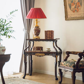 【已售】独角鹿西洋古董19世纪法国出品VIARDOT东方风格传统花鸟人物主题母贝镶嵌铜鎏金装饰双层茶桌