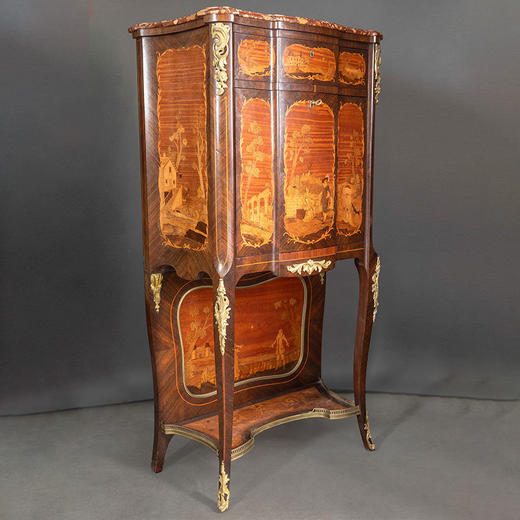 独角鹿西洋古董1850-1870年代法国拿破仑三世时期出品铜鎏金雕饰贵族游乐主题细木镶嵌大理石饰面秘书柜 商品图1
