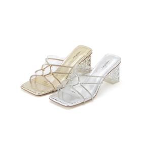 westory夏季新款细中跟方头舒适优雅凉鞋半拖鞋W24BJ62061