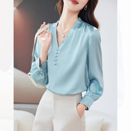 真丝衬衫V领纯色洋气桑蚕丝小衫LS-1191 商品图0