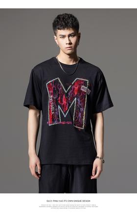 PINLI品立2024夏季新款男士字母烫钻圆领短袖T恤上衣BG242111042