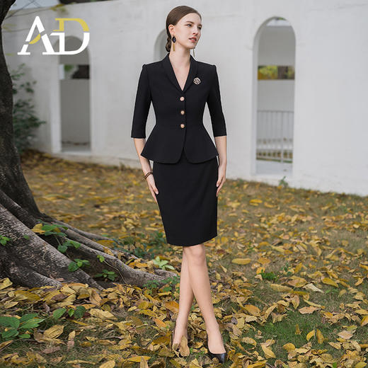 AD酒店前台工装套装女夏季中袖工作服黑色小香风西装套裙修身显瘦 商品图3