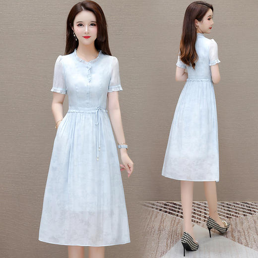 QYMLRX-SL28155-Y简约风连衣裙女2024年新款花边领气质优雅短袖高腰中长款印花裙 商品图2