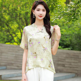 QYM-HH832夏款新中式印花洋气不规则时尚雪纺衫V领短袖显瘦修身小衫