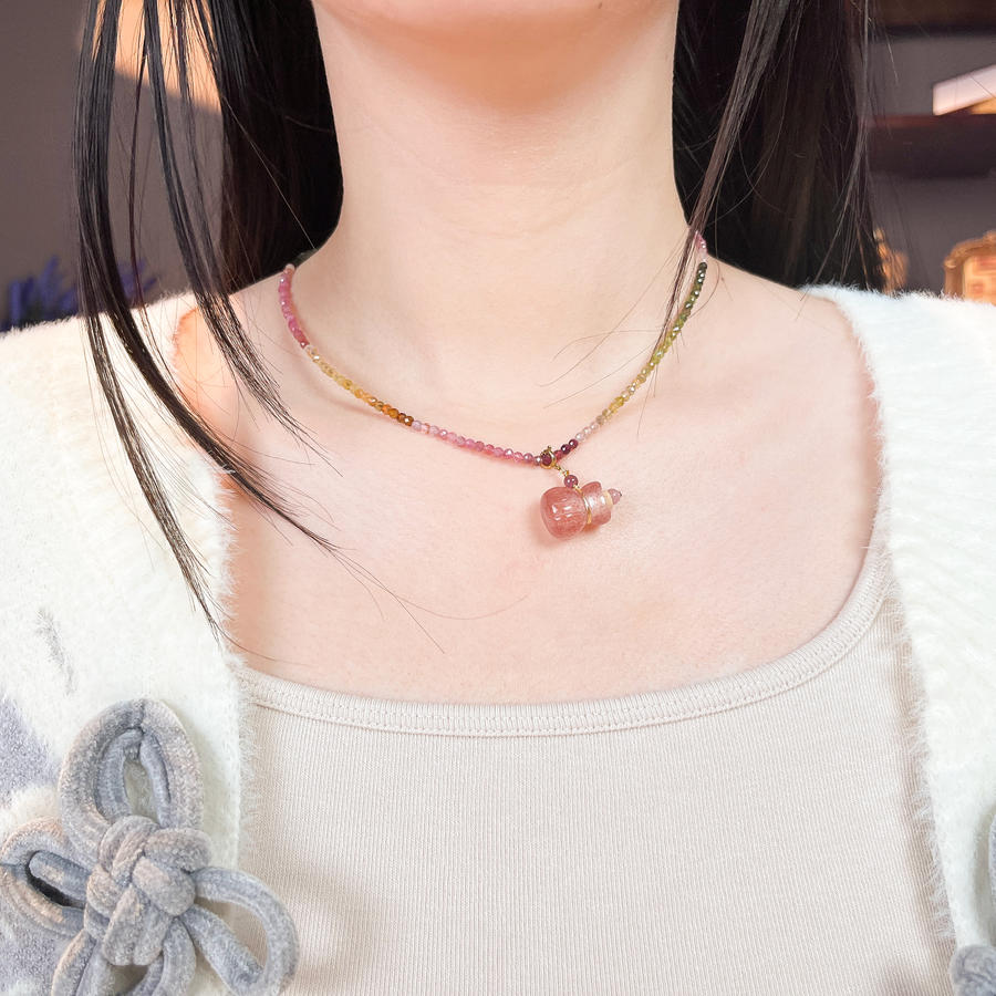[碧彩繁星精油香氛项链]七彩碧玺草莓晶香氛瓶项链天然碧玺彩色串珠项链春夏多巴胺配色锁骨链【长度（cm）：40+3（延长链）】