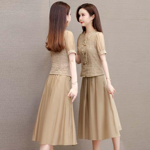 QYM 1712453-Y中式连衣裙两件套短袖复古网纱缕空花小衫+高腰半身裙套裙 商品图2