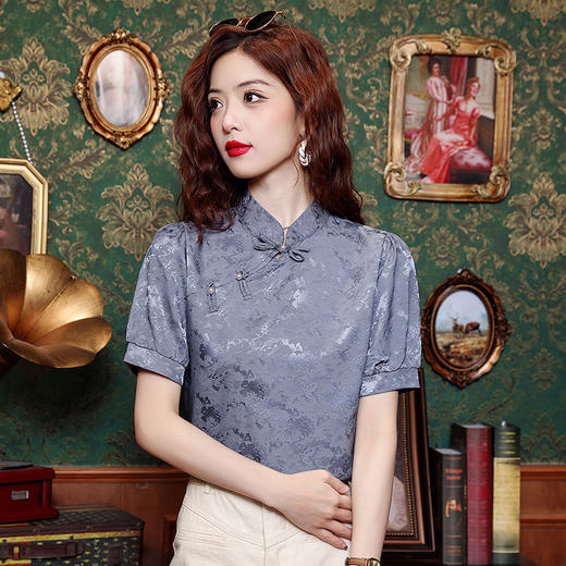 KQLE324N9818 改良旗袍衬衣女2024夏季新款短袖新中式名媛气质小众轻奢打底上衣 商品图1