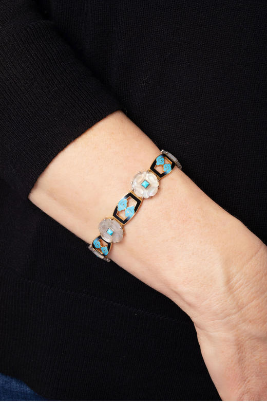 独角鹿西洋古董1901-1920年代法国出品东方祥云造型18K黄金镶嵌珐琅绿松石天然水晶手链 商品图1