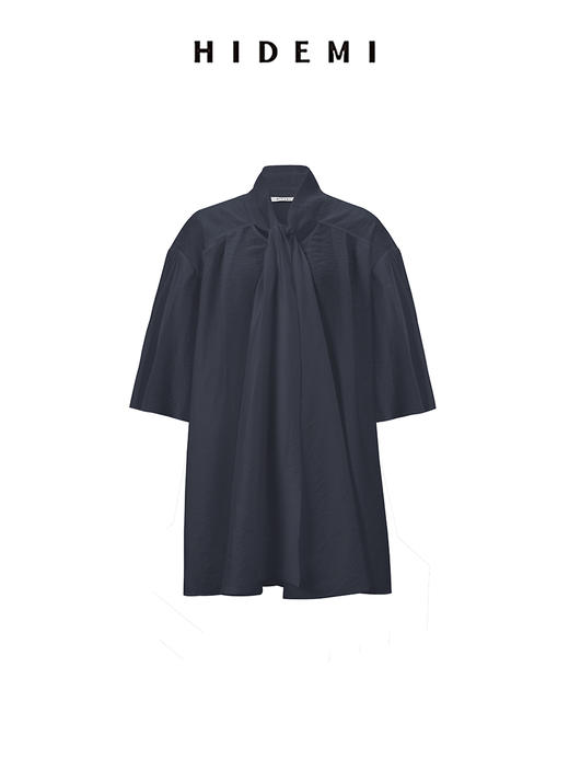 HIDEMI 柔顺微褶皱透气天丝丝巾设计感多穿纽扣廓形六分袖衬衫 燕麦栗子色/文艺灰蓝 商品图7