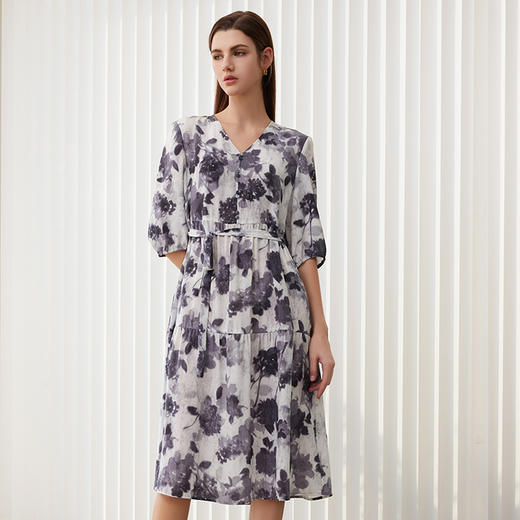 【系带拼接真丝连衣裙】24年春夏新品100%桑蚕丝V领系带连衣裙 商品图1