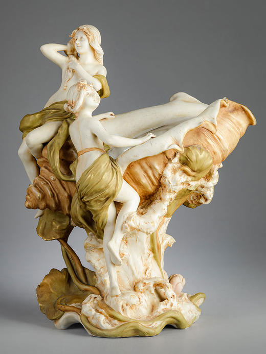 独角鹿西洋古董20世纪早期捷克Royal Dux瓷窑出品新艺术风格「海的女儿」主题陶瓷摆件一对 商品图1