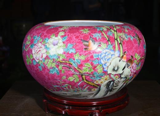 胭脂红花鸟聚宝缸 商品图0