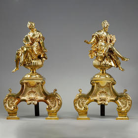 独角鹿西洋古董1900年代法国出品新古典主义风格缪斯女神主题精雕铜鎏金壁炉柴架一对