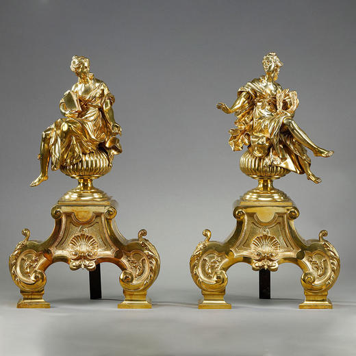 独角鹿西洋古董1900年代法国出品新古典主义风格缪斯女神主题精雕铜鎏金壁炉柴架一对 商品图0