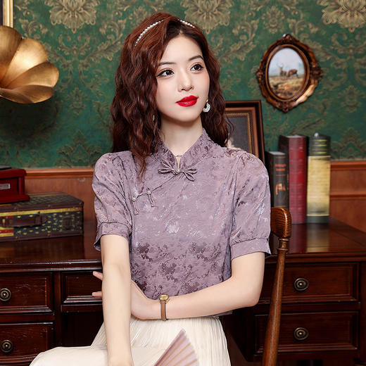 KQLE324N9818 改良旗袍衬衣女2024夏季新款短袖新中式名媛气质小众轻奢打底上衣 商品图0