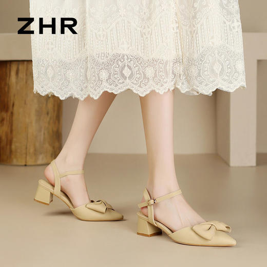 ZHR则则尖头粗跟凉鞋女2024新款时尚百搭蝴蝶结包头凉鞋气质女鞋 商品图8