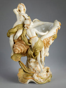 独角鹿西洋古董20世纪早期捷克Royal Dux瓷窑出品新艺术风格「海的女儿」主题陶瓷摆件一对