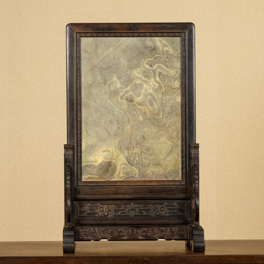 清 紫檀镶绿石雕夔龙纹插屏 商品图0