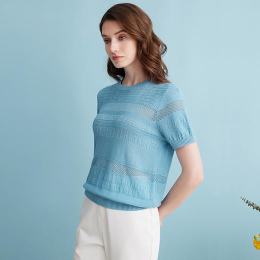 EITIE爱特爱夏季新款舒适弹力修身短袖薄款镂空针织衫上衣B2401320 商品图7