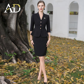 AD酒店前台工装套装女夏季中袖工作服黑色小香风西装套裙修身显瘦