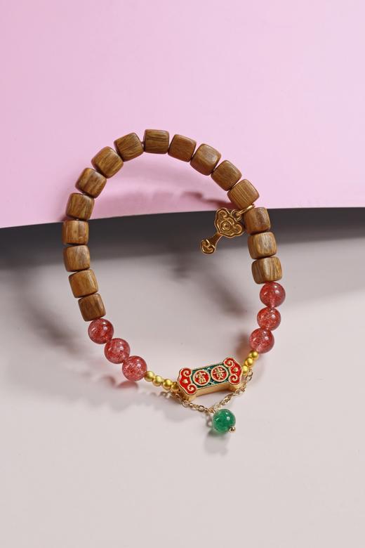 LT0015°绿檀四方来财珠|粉草莓如意吊坠手链手串 商品图1