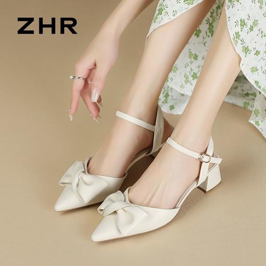 ZHR则则尖头粗跟凉鞋女2024新款时尚百搭蝴蝶结包头凉鞋气质女鞋 商品图5