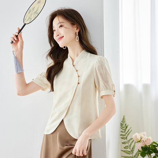 HT-8528新中式轻国风短袖上衣女夏季设计感温柔风小众气质立领衬衫 商品图0