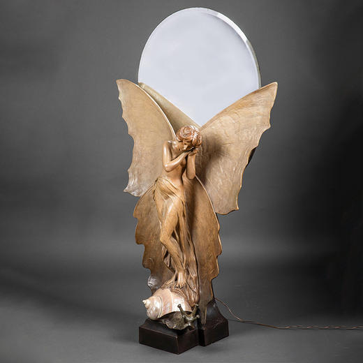 独角鹿西洋古董1900年代奥地利出品新艺术风格「蝴蝶舞者」主题赤陶彩绘螺壳装饰座镜 商品图2