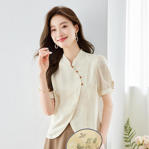 HT-8528新中式轻国风短袖上衣女夏季设计感温柔风小众气质立领衬衫 商品图2