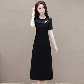 QYM--1B633长款修身显瘦黑色雪纺A字裙圆领短袖优雅气质时尚连衣裙