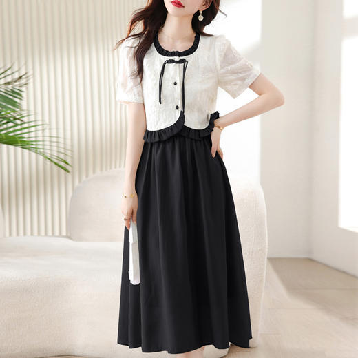 AHM-8832新中式女装夏季新款气质简约拼接显瘦盘扣衬衫半身裙时尚套装 商品图1