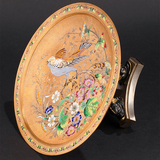 独角鹿西洋古董1890年代法国出品东方风格花鸟主题珐琅彩绘铜鎏金赏盘 商品图2
