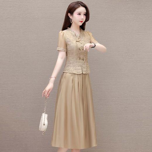 QYM 1712453-Y中式连衣裙两件套短袖复古网纱缕空花小衫+高腰半身裙套裙 商品图1