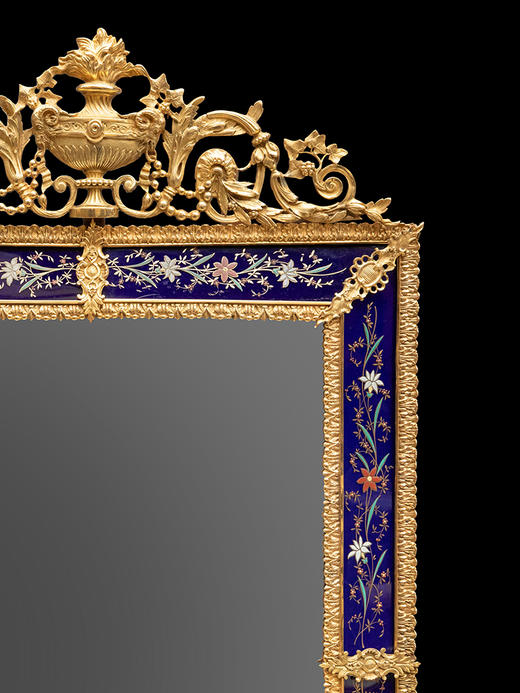 独角鹿西洋古董19世纪末法国出品新古典主义风格铜鎏金精雕镶嵌花卉主题手绘珐琅挂镜 商品图2