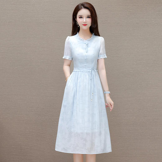 QYMLRX-SL28155-Y简约风连衣裙女2024年新款花边领气质优雅短袖高腰中长款印花裙 商品图0