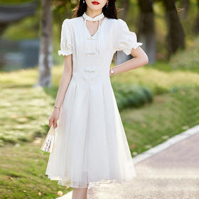 HRFS-90159夏季上新气质时尚复古优雅小清新设计高级感高腰A字连衣裙