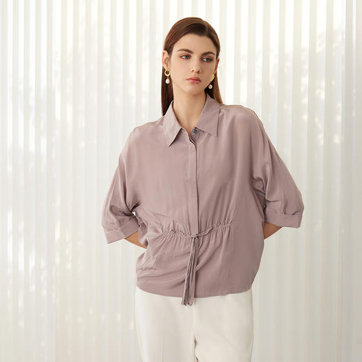 【七分袖真丝衬衫】24年春夏新品女士100%桑蚕丝时尚系带上衣 商品图1