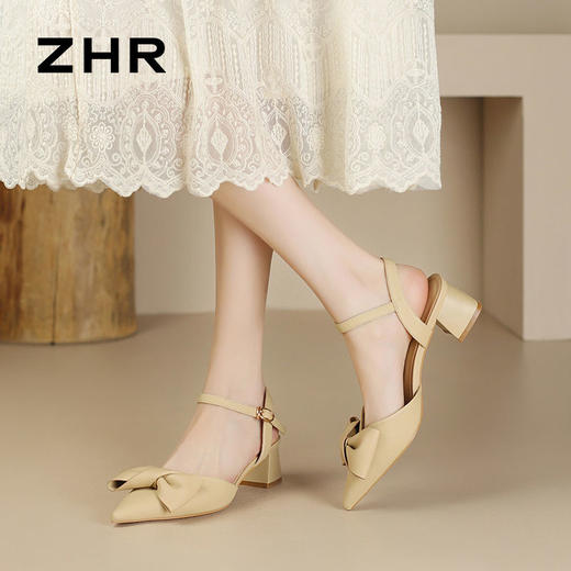 ZHR则则尖头粗跟凉鞋女2024新款时尚百搭蝴蝶结包头凉鞋气质女鞋 商品图7