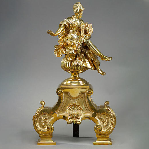 独角鹿西洋古董1900年代法国出品新古典主义风格缪斯女神主题精雕铜鎏金壁炉柴架一对 商品图1