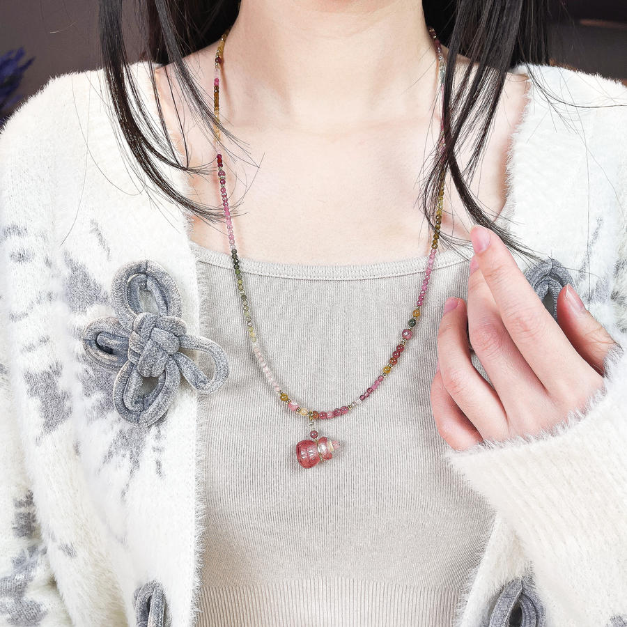 [碧韵风华精油香氛项链]天然碧玺彩色串珠项链春夏多巴胺配色【长度(cm)：65+3（延长链）】