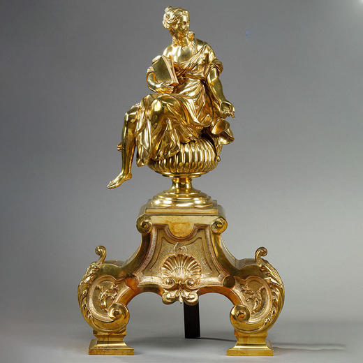 独角鹿西洋古董1900年代法国出品新古典主义风格缪斯女神主题精雕铜鎏金壁炉柴架一对 商品图2