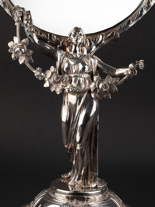 独角鹿西洋古董1900年代欧洲出品新艺术风格蝴蝶与少女主题铜镀银梳妆镜 商品图3