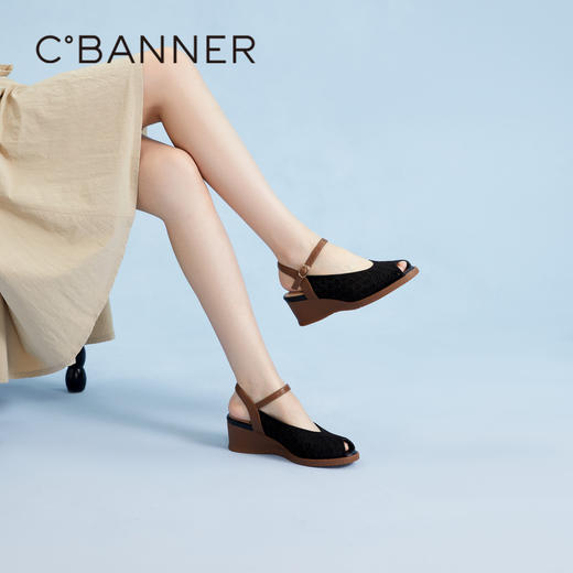 千百度复古镂空鱼嘴鞋女夏季坡跟雕花真皮凉鞋女A24380730 商品图2