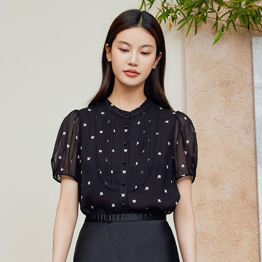 玳莎印花小立领真丝衬衫女2024夏季新款优雅织带设计感泡泡袖上衣  EB31105 商品图0