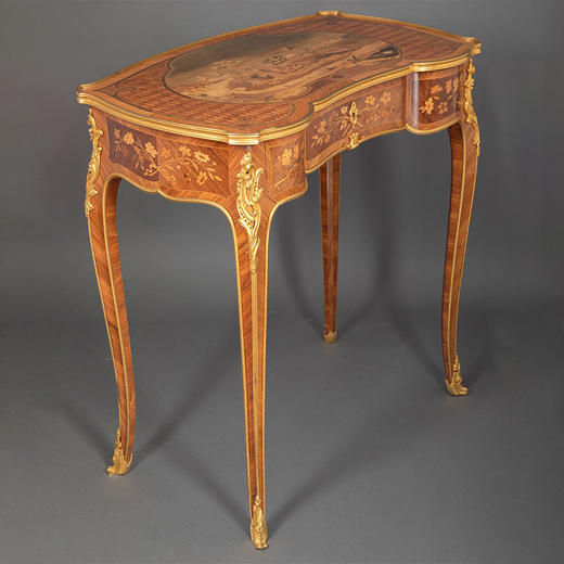 独角鹿西洋古董1850-1870年代法国出品路易十五风格铜鎏金修饰阿卡迪亚风景主题细木镶嵌边桌 商品图1